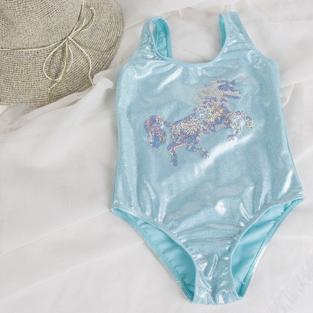 NEW blue unicorn sequins kids swimsuit - Picture 1 of 4